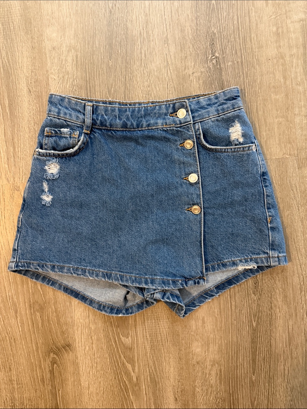 Zara XS Womens Distressed Denim Wrap-Front Skort Mini Skirt Casual Blue Shorts